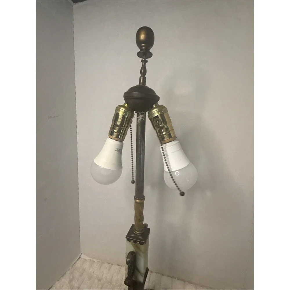 Antique Art Deco Double Socket Slag Glass Table Lamp Akro Agate Custard Uranium